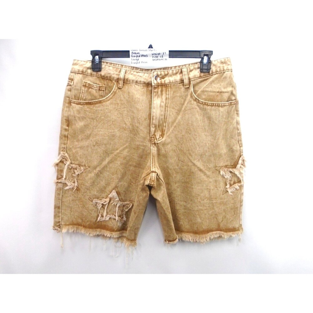 Distressed Y2K-style brown denim shorts Mens L (37x10) frayed raw cutout stars